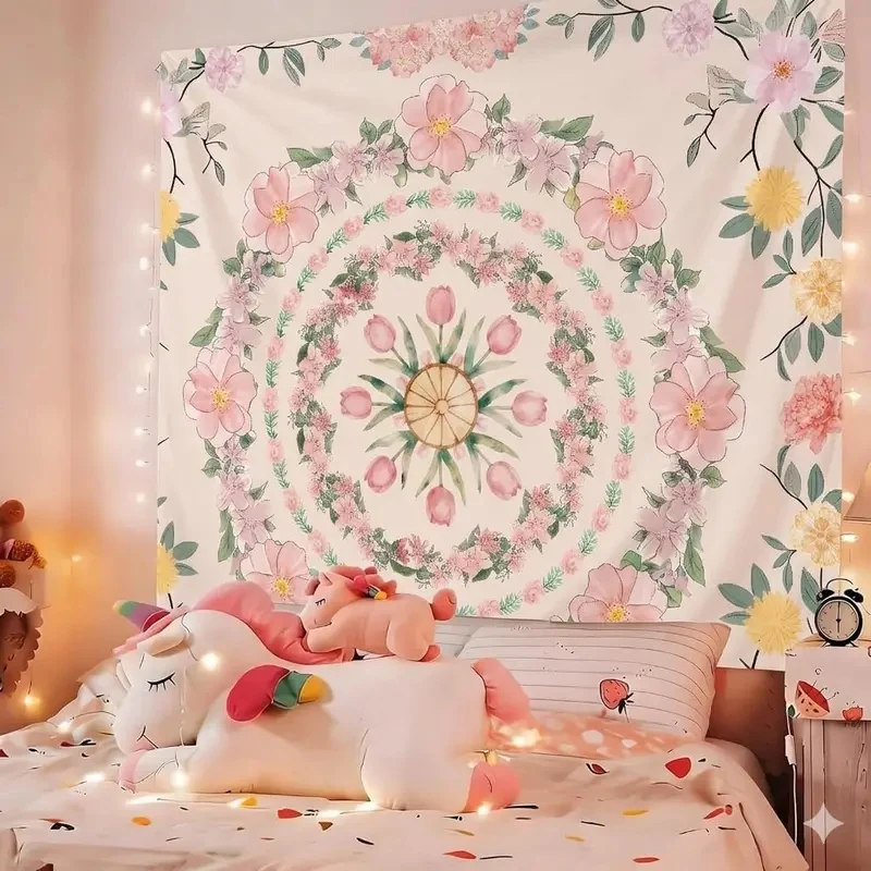 VIKAMA Boho Floral Tapestry, Pink Pastel Watercolor Flower Wall Art Cloth for Bedroom, Living Room, Dorm & Aesthetic Room Decor