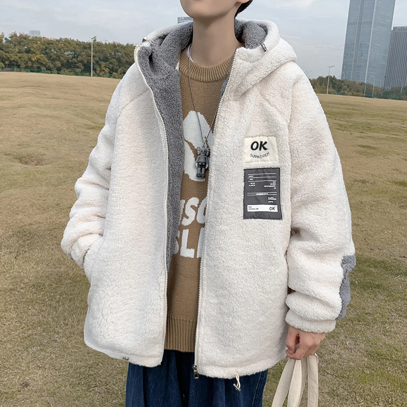 

Мужская зимняя утепленная куртка из овечьей шерсти с капюшоном, на флисовой подкладке, повседневная, однотонная, на молнии, свободного кроя