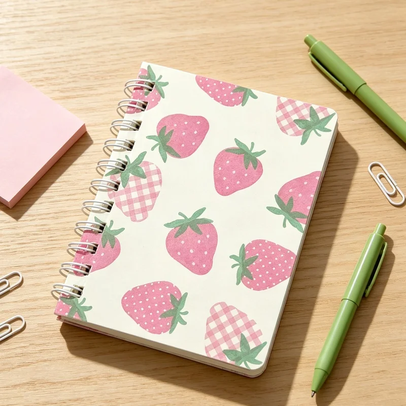 Cute Strawberry Cartoon Spiral Notebook, A7 Side‑flip Pocket Mini Notebook, Portable Aesthetic Journal for Student Note Taking