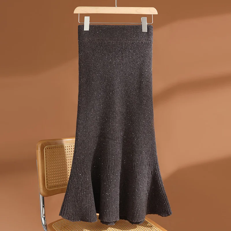 

Elegant Fish Tail Skirt Women 100% Merino Wool Skirt Slim Fit Sequin Midi Skirt Autumn Winter New Arrival Knitted Mermaid Skirt