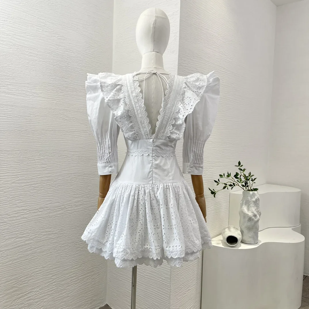 Cotton 2024 New Summer Holiday Design White Embroidery Hollow Out Half Sleeve Ruffles Deep V-neck Backless Mini Dress