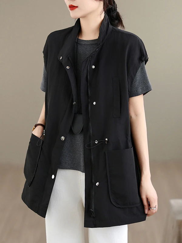 

Spring 2026 Mid-Length Jacket Vest Large Size Women's Casual Stand Collar Drawstring Waist Sleeveless Vest Zipper Closure
