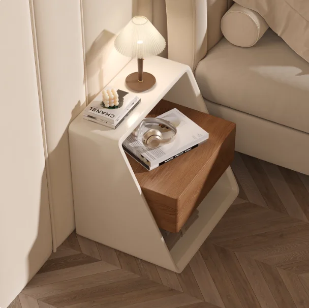 Italian Minimalist Bedside Table Solid Wood Cream-Style Simple Eco-Friendly Lacquered Bedside Cabinet Creative Bedroom Side Tabl