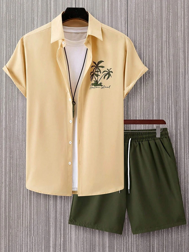 

Hawaii Beach Coconut Print Men's Shirt Suit Fashion Short Sleeve Shirt Oversized Shorts Street Shoot Hawaii Suit Clothing