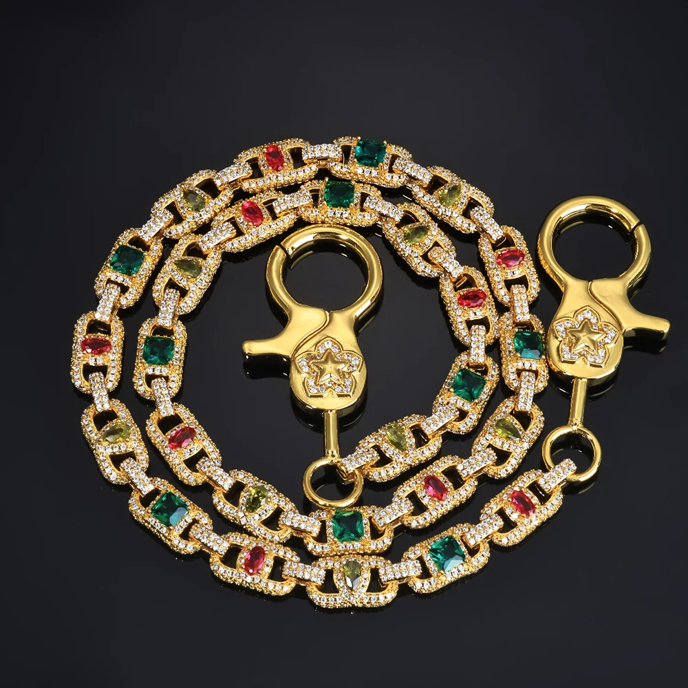 HHIOK's New Pig Nose Mixed Color Gemstone Keychain Iced 5A Copper Zircon Hip Hop Rock Style Women's Jewelry Pants Chain