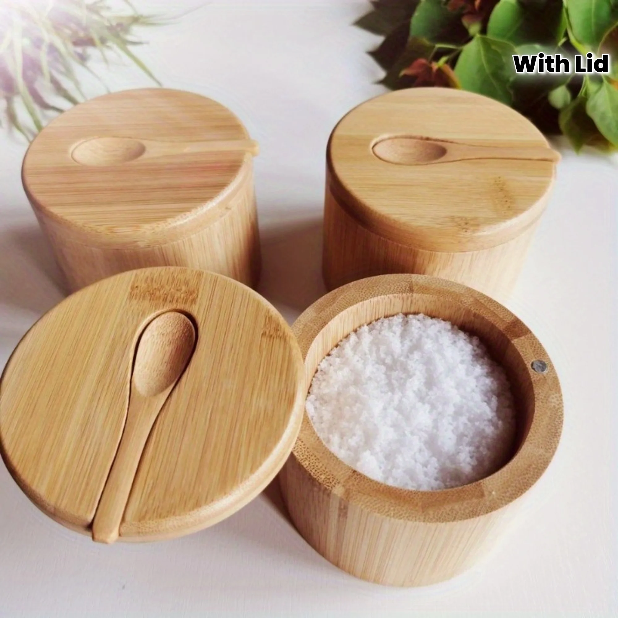 Salt Seasoning Jars Pepper Jar Bamboo Condiment Box Bowl Storage Pot Set Wood Sugar Container Holder Lid Function Multi Bowls
