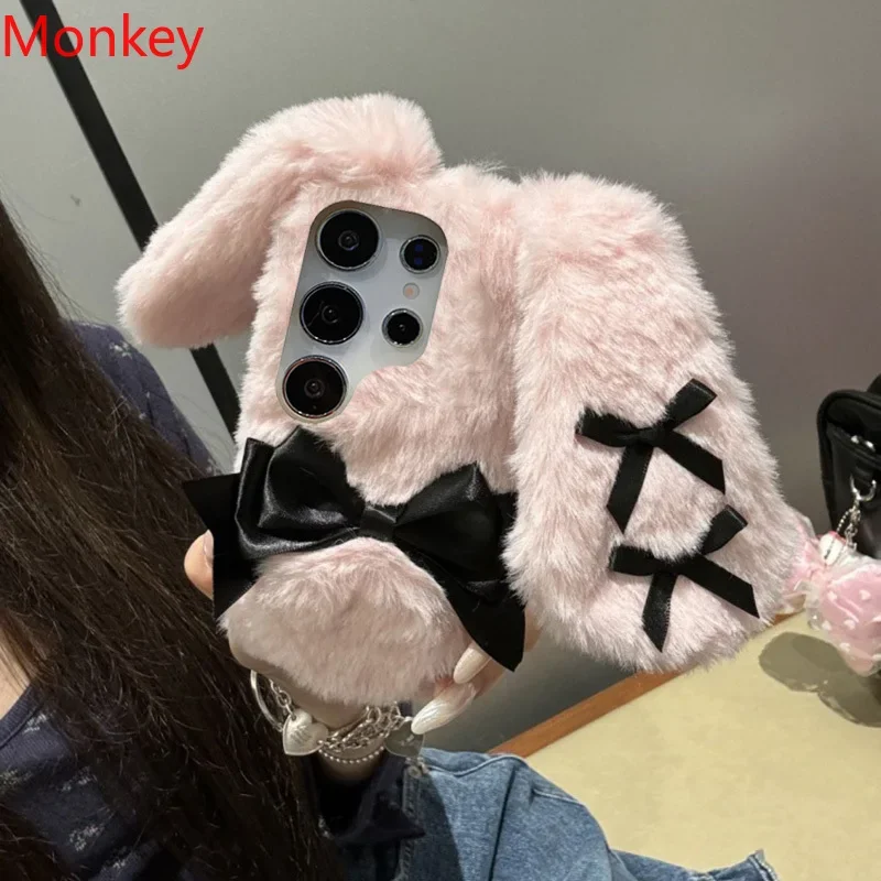 

Милый чехол для телефона с пушистыми волосатыми кроличьими ушками и куклой в виде животного для OPPO Realme 14 13 12 11 10 9 8 7 6 5 Pro 14X 9i, мягкий теплый меховой чехол