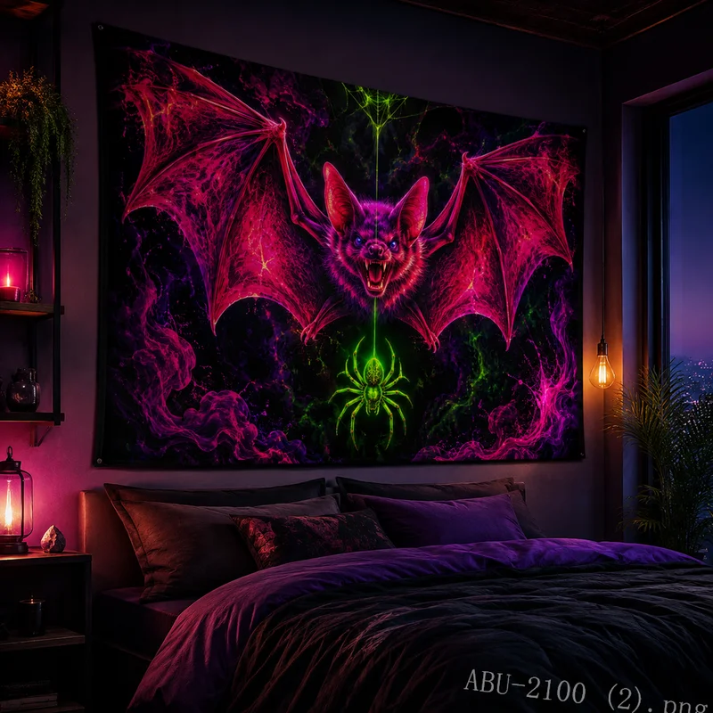 VIKAMA Dark Gothic Bat Tapestry, Fluorescent Spider Wall Art for Halloween Bedroom Living Room Decor