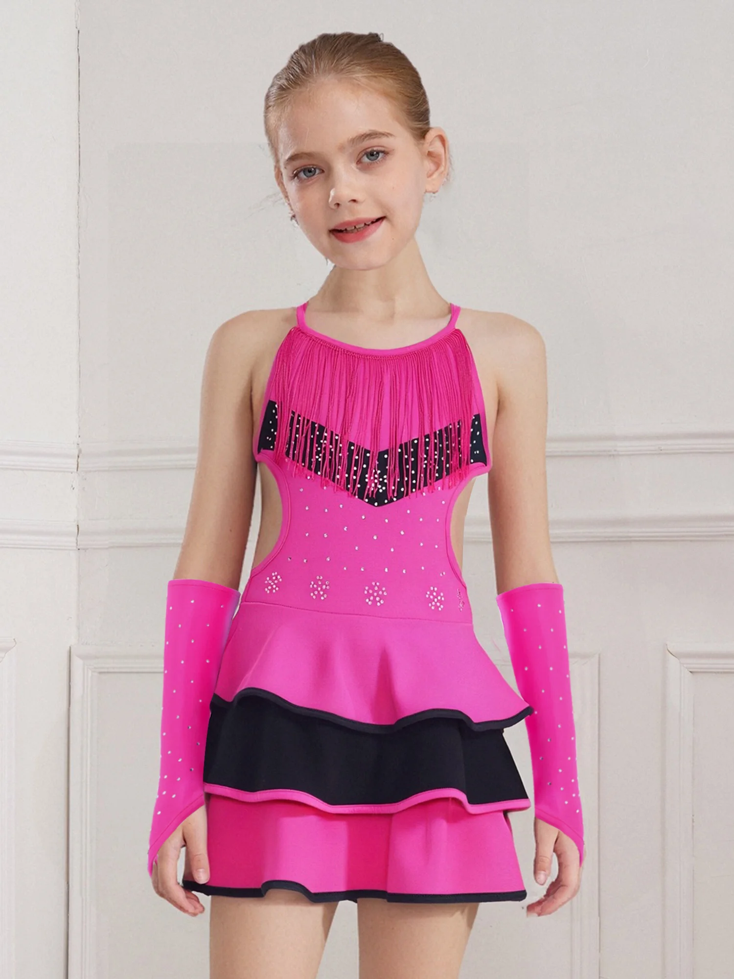 

Kids Girls Tango Salsa Latin Dance Performance Costume Sleeveless Cross Back Cutout Rhinestones Tiered Ruffle Dress With Gloves