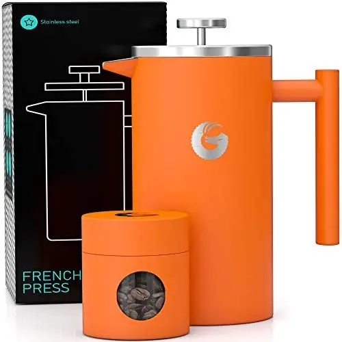 

Coffee Gator 34oz French Press & Travel Jar - Double Insulated Stainless Steel Brewer for Hot/Cold Brew, Orange