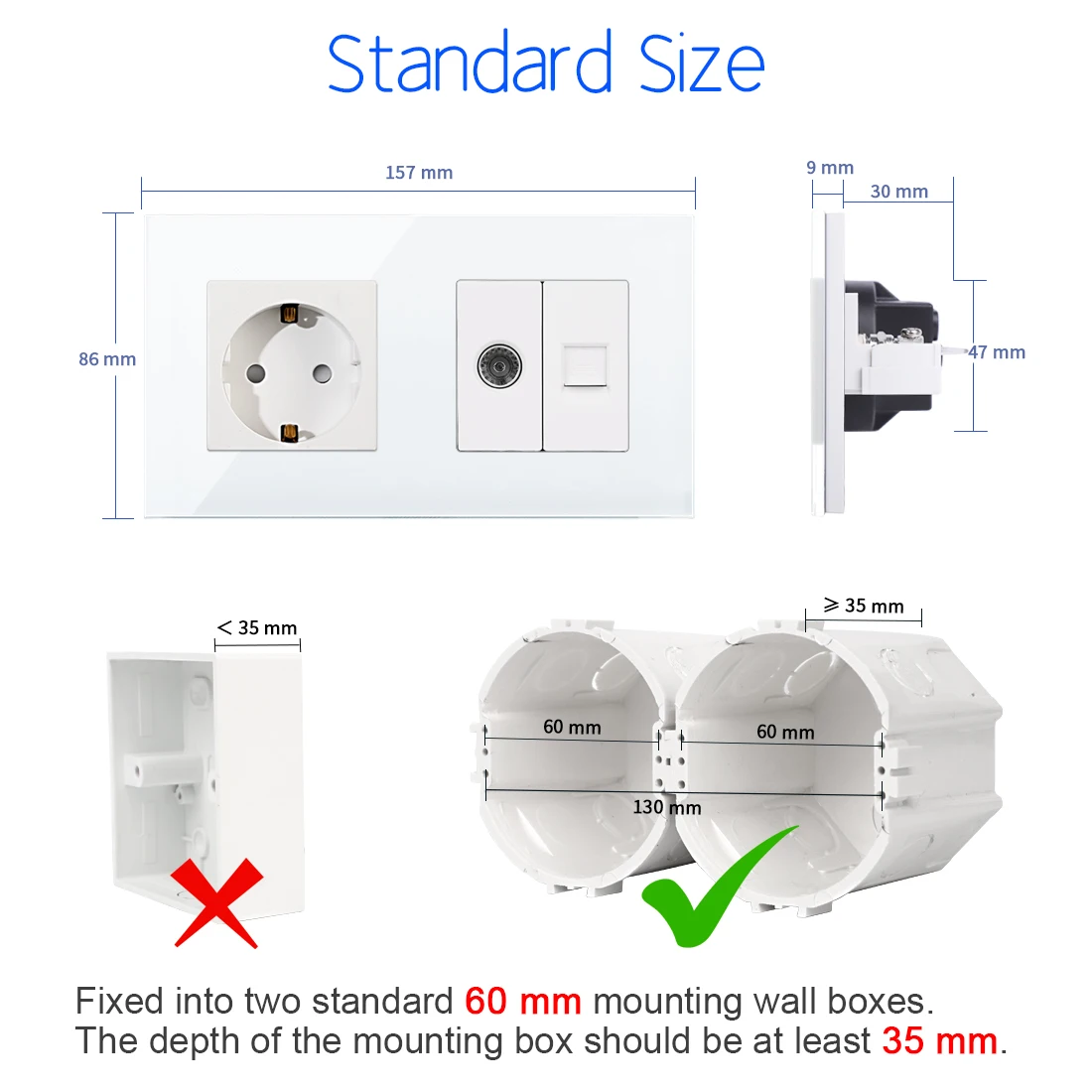 DAJIMEI EU Russland Standard Double Triple Wand Stecker TV Computer Internet RJ45 und Buchse Kristall Glas Panel für Heimwerker