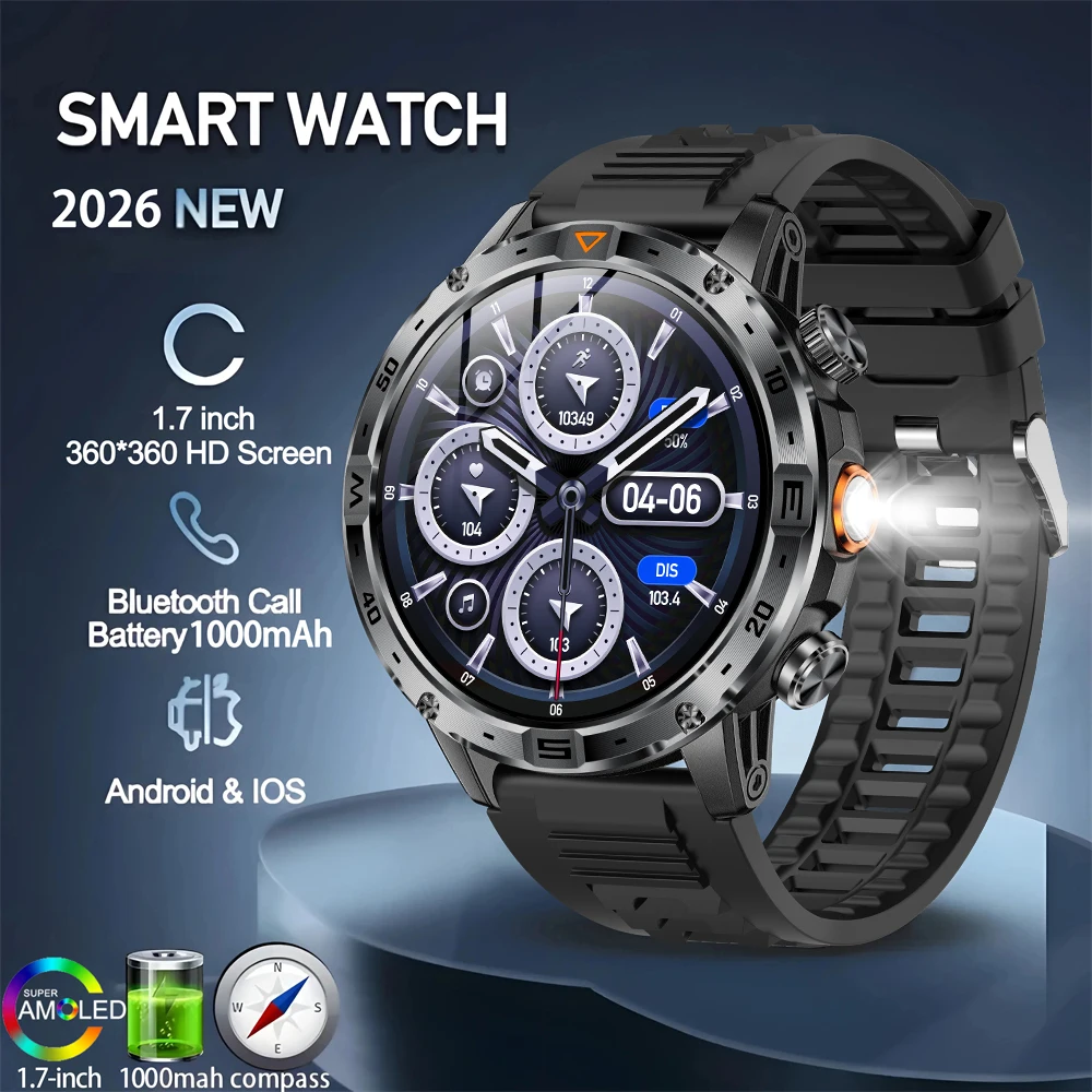 

Военные умные часы для мужчин, аккумулятор 1000 мАч, светодиодный фонарик, водонепроницаемые умные часы, 100 спортивных режимов, фитнес-часы для Android iOS