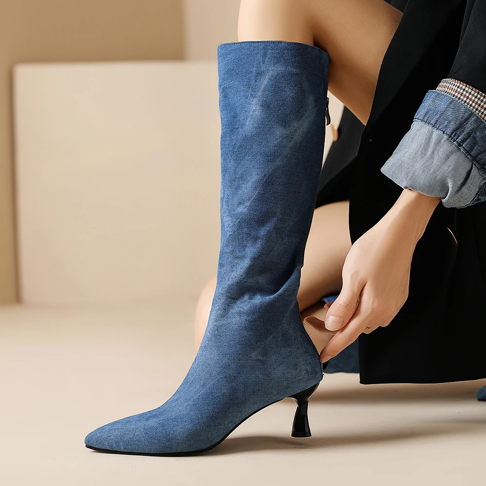 Blue Denim Knee High Cowboy Boots for Women 2025 Autumn Pleated High Heels Long Boots Woman Stiletto Heeled Jeans Botas Shoes