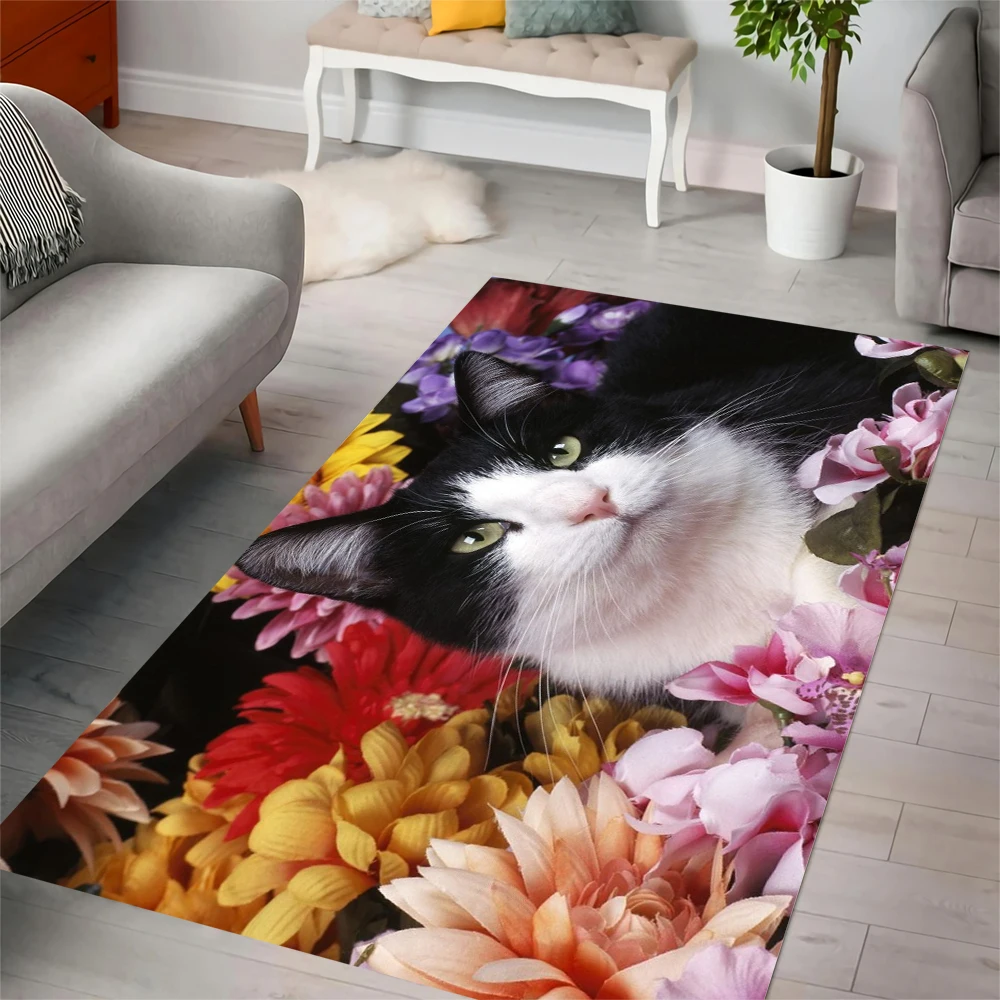 CLOOCL Animal Flannel Carpet Charming Norwegian Forest Cat and FlowersPattern 3D Printed Non Slip Rug Living Room Sofa Floor Mat