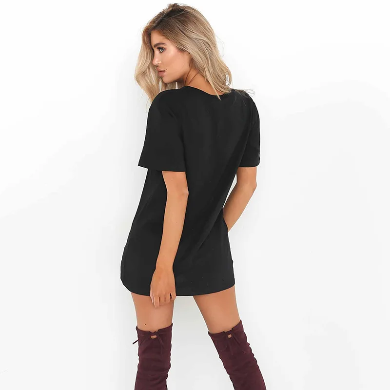 T-shirt Dress Women Summer V Neck Halter Short Sleeve Solid Loose Mini Dress YKDT801