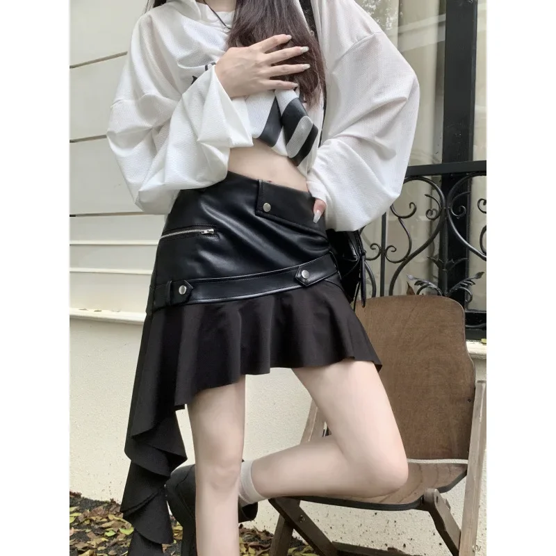 

Vintage Coffee Color PU Leather Skirt Women's Autumn Ruffle Edge A- Line Bodycon High-Waisted Slimming Short Skirt