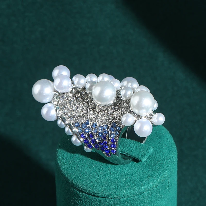 

﻿ Vintage Large Pearl Rings For Woman Decoration Rhinestone Wings Jewelry Big Antique Gold Color Blue Zircon Party Accessories
