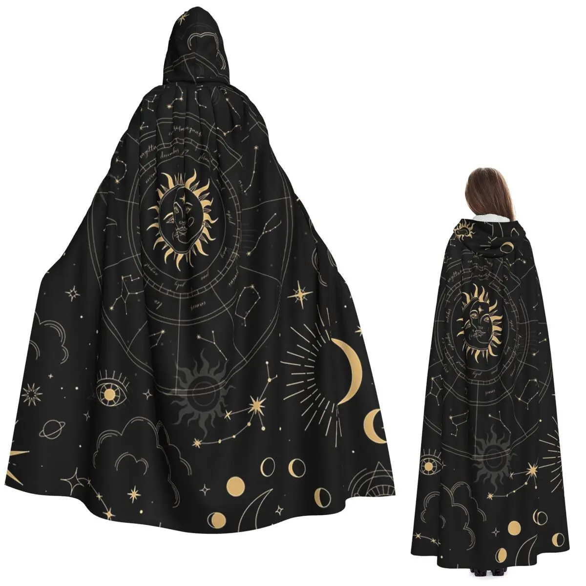 

Ночное небо, золотые небесные звезды, зодиакальные созвездия, длинный плащ с капюшоном, ведьма, средневековый костюм, накидка для косплея, пальто на Хэллоуин