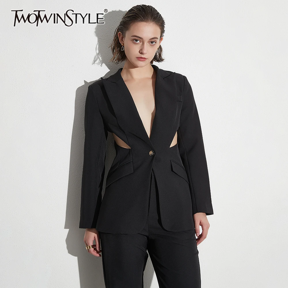 

TWOTWINSTYLE Solid Slimming Two Piece Sets for Women Lapel Long Sleeves Hollow Out Blazer High Waist Pant Fashion Set Female New