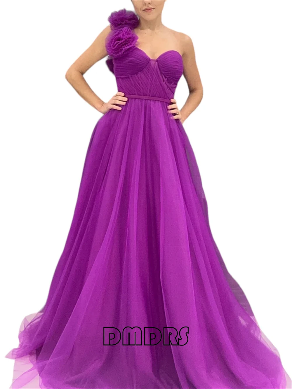 

A Line Long Evening Dress with Tulle Flowers on One Shoulder Sleeve, Women's Formal Dress Customized Colors Party Gown