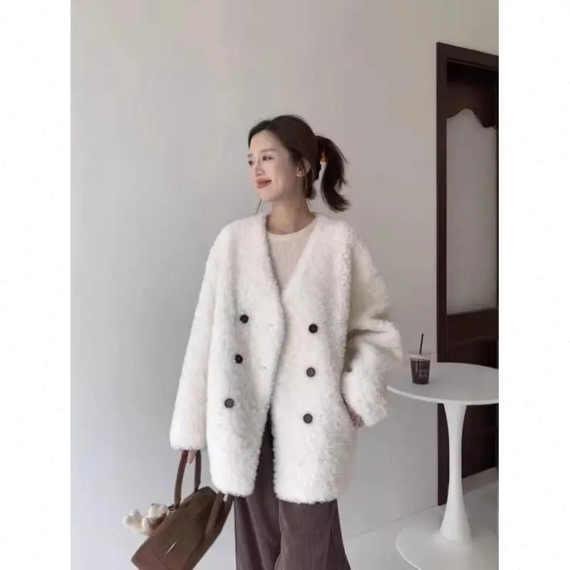 Lamb Fur Outerwear Women Cardigan Faux Fur Spliced Double Breasted Loose Fit Buttons Solid Casual Basics 2025 Slight Strech
