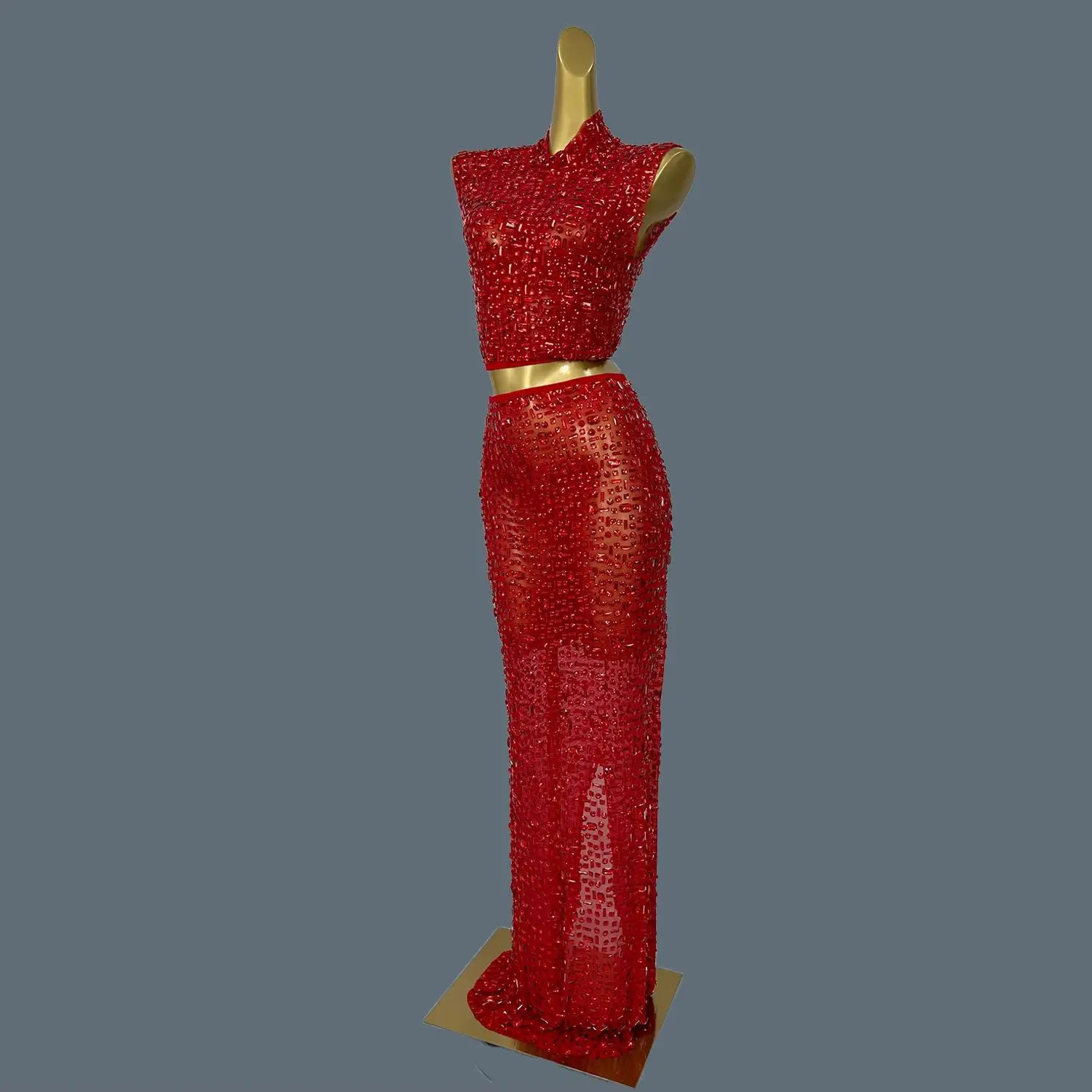 Sexy Mesh Red Diamonds Beading Dresses Two Piece Set Crop Top + Long Skirt Set Nightclub Party Outfits Vestidos Gesebei
