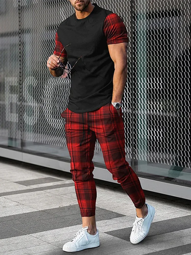 2024 Men\'s Trousers Tracksuit 2 Piece Set Stripe Print Jogger Sportswear Summer Short Sleeve T Shirt+Long Pants Street Clothing