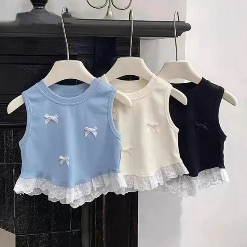 Girls' Bow Sleeveless Tank Top Sweet Top 2026 Summer New Lace Splicing Tees Korean Kids Girls Fashion O-neck T-shirt