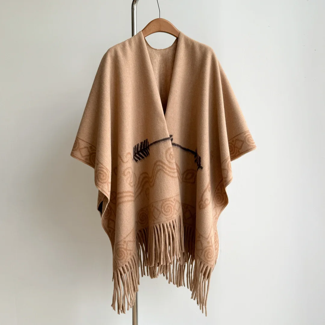 

Winter New Pashmina Cashmere Fringed Thick Travel Forked Cloak Scarf Shawl Winter Warm Outer Wear Comfortable Reversible Cape