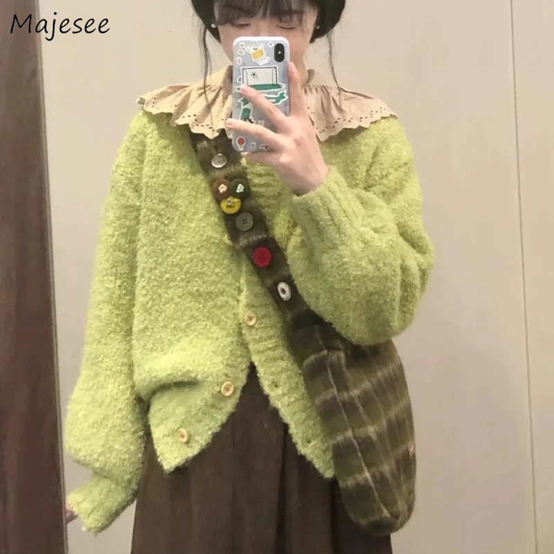

Polar Fleece Cardigan Women Lazy Style Knitted Solid Aesthetic Ins All-match Loose Fit Autumn Outwear Classic Popular Harajuku