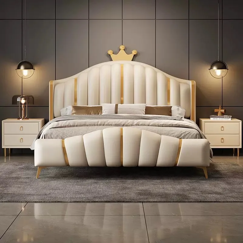 Soft Queen Bedroom Bed Microfiber Leather Upholstered High-End Cream Color Bed