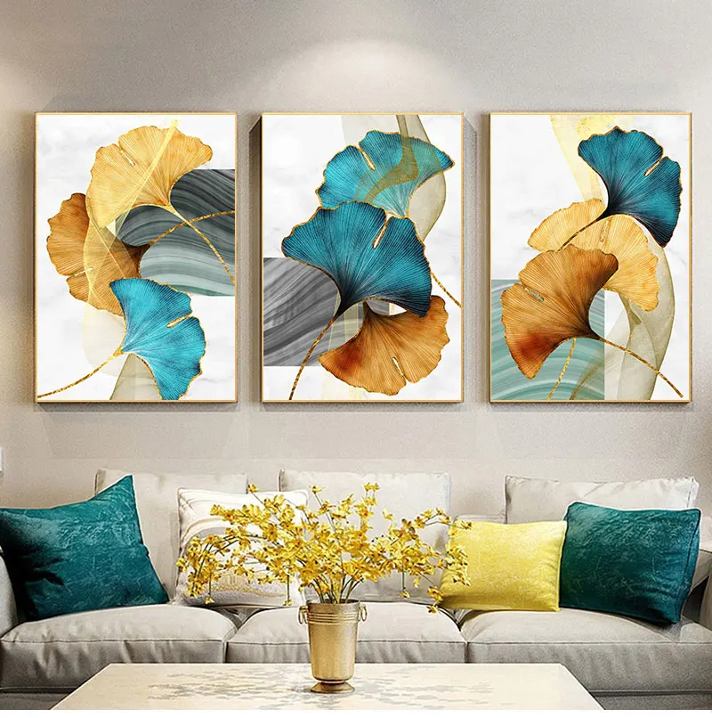 Modernes Bild Wohnzimmer Dekoration Blau Grün Gelb Gold Pflanzenblatt Abstrakt Nordischer Leinwanddruck Wandkunst Gemälde