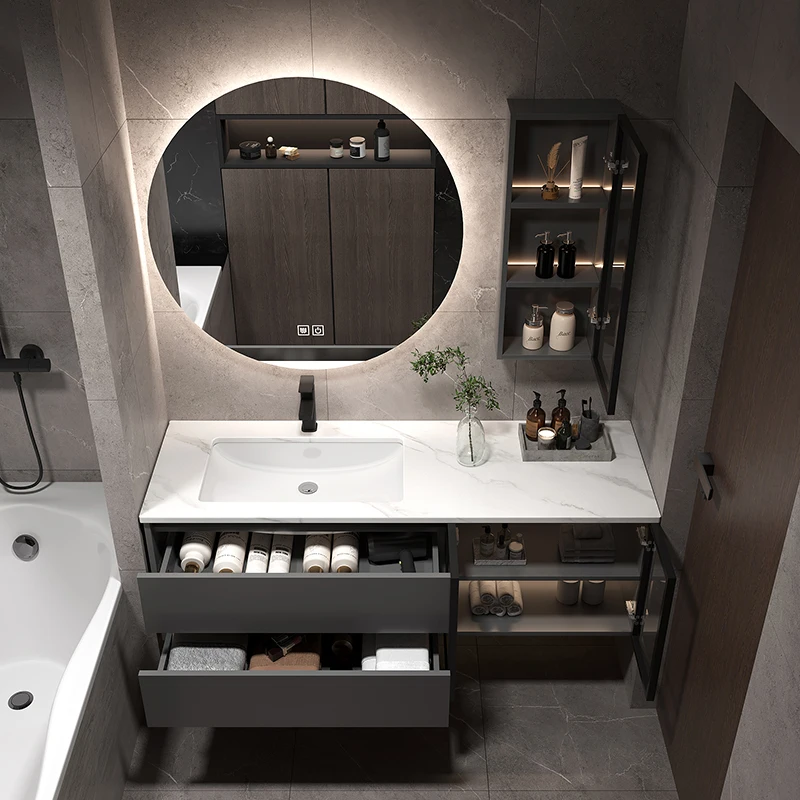 Stone slab seamless integrated basin, bathroom cabinet, combination of light luxury bathroom cabinet, toilet, washbasin,