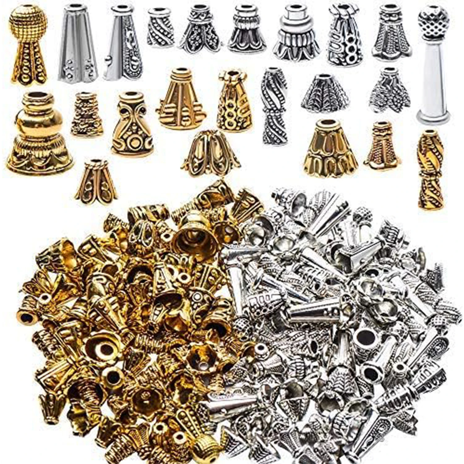 

100g Flower Bead Caps, Metal Alloy, Assorted Cones, 5-16mm, Gold, Silver