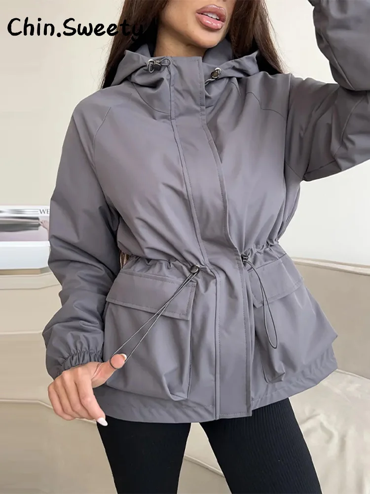 

Повседневная женская водонепроницаемая куртка с капюшоном на шнурке, однотонная талия, закрытые карманы с длинными рукавами, пальто, осень 2021, женская уличная верхняя одежда