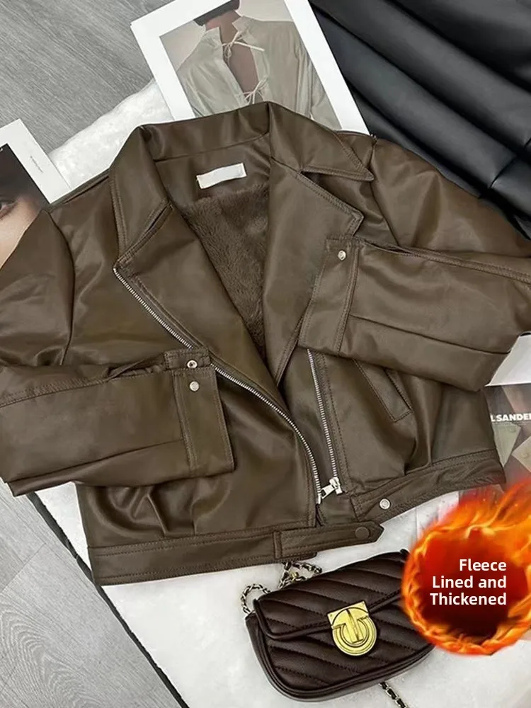 American Style Short Zipper Leather Jacket Women's Autumn Winter New Design Slim Fit Vintage Fashion Motorcycle Jacket Top