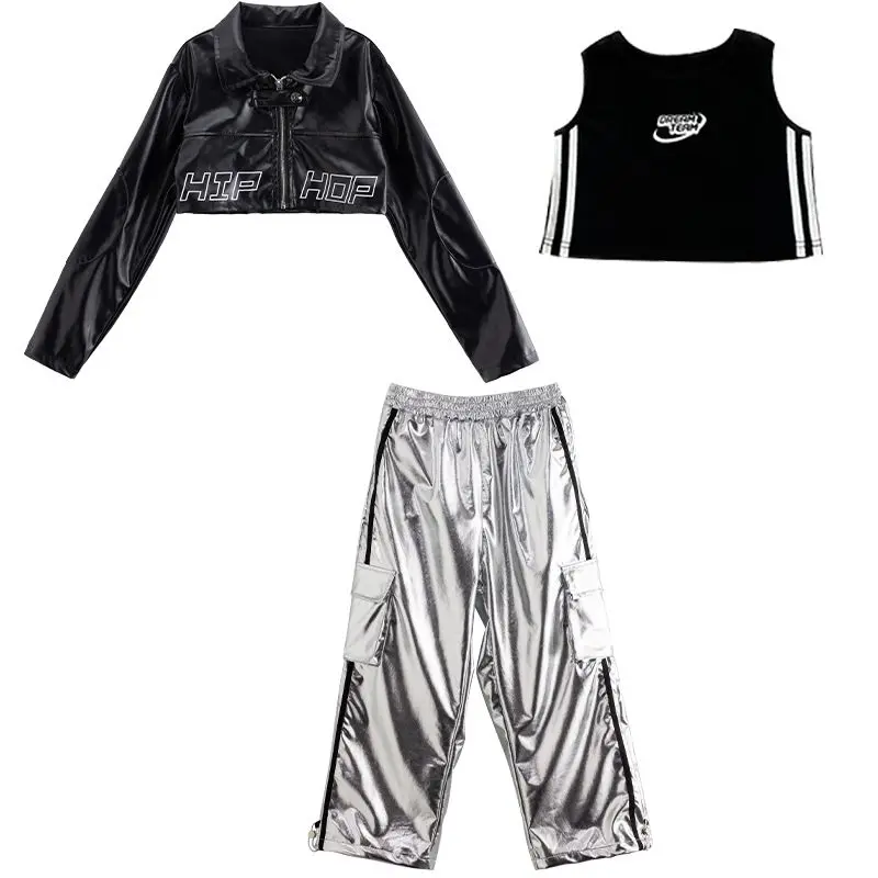 

Одежда для джазовых танцев для девочек в стиле хип-хоп, детская модель, костюм для подиума, сценического танцевального шоу, черный топ с пупком, белые брюки