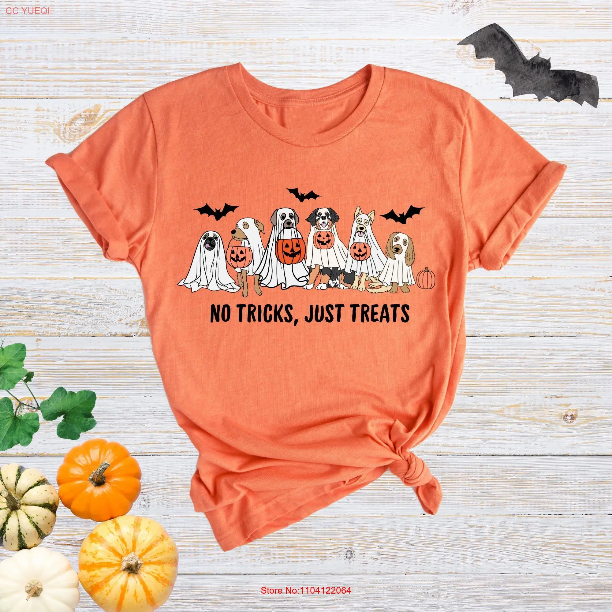 Camiseta de perros de Halloween fantasma sin trucos solo golosinas temporada espeluznante a juego divertidas mangas largas o cortas