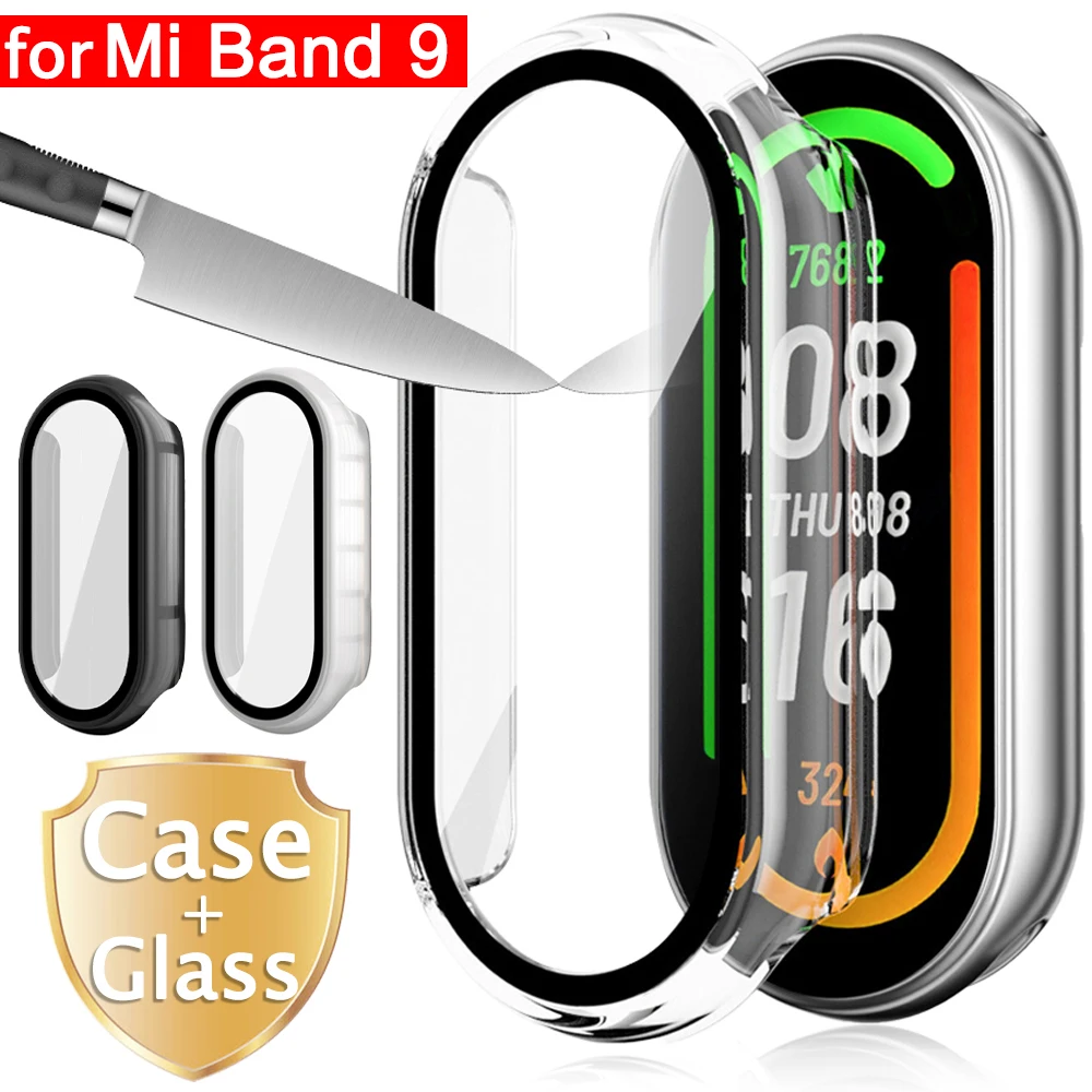 2 in 1 Protective Case for Xiaomi Band 9 Miband 9 Hard PC Shell with Tempered Glass Protectors Watch Bumper Cover for Mi Band 9