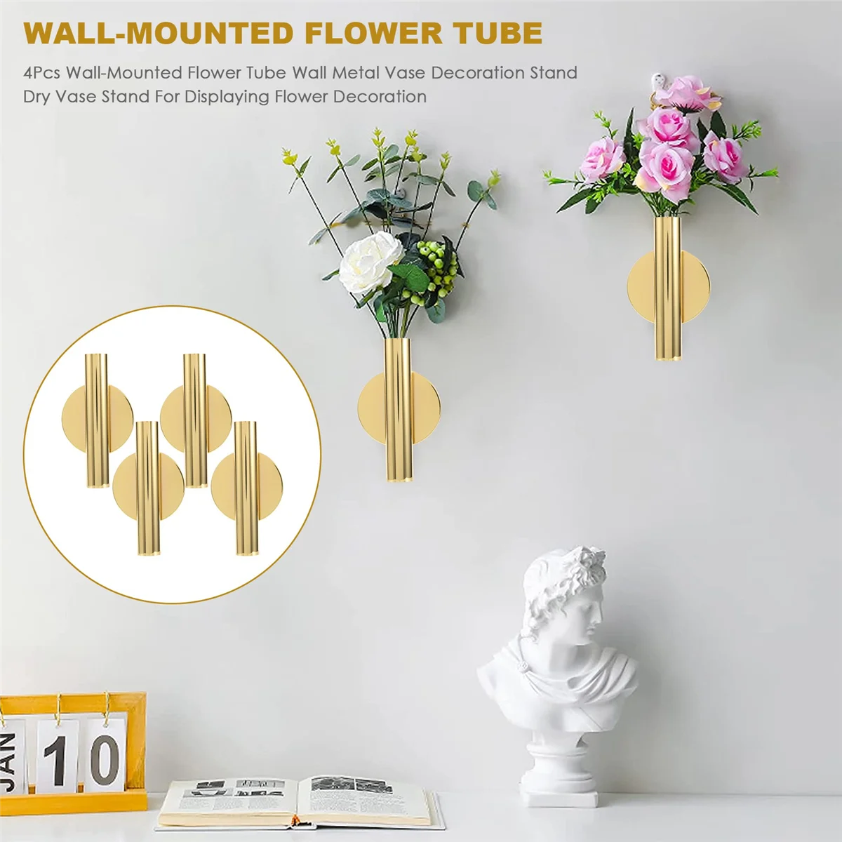 4Pcs Wall-Mounted Flower Tube Wall Metal Vase Decoration Stand Dry Vase Stand for Displaying Flower Decoration,Gold