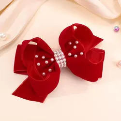 Fashion Solid Velvet Bow Hair Clips For Girls Handmade Pearl Ponytail Hairpin Kids Barrettes Headwear Boutique Hair Accessories