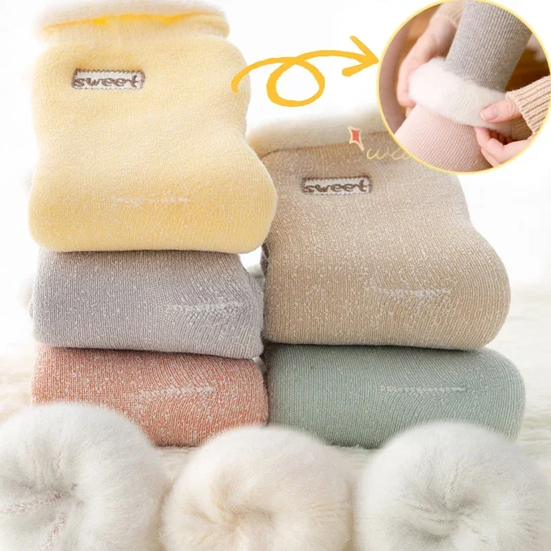 4Pairs Women's Thicken Plush Socks Sweet Candy Color Thermal Sock Winter Warm Casual Mid Tube Stockings Floor Sleeping Snow Sox