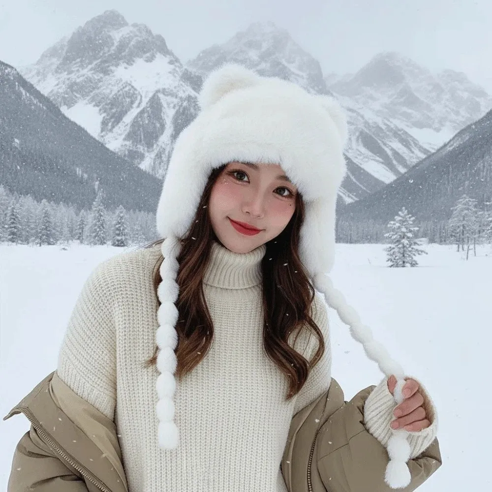 Fleece Lined Pompom Braids Hat Striped Knit Soft Yarn Fleece Knit Beanie Fur Brim Windproof Fur Trim Trapper Ladies