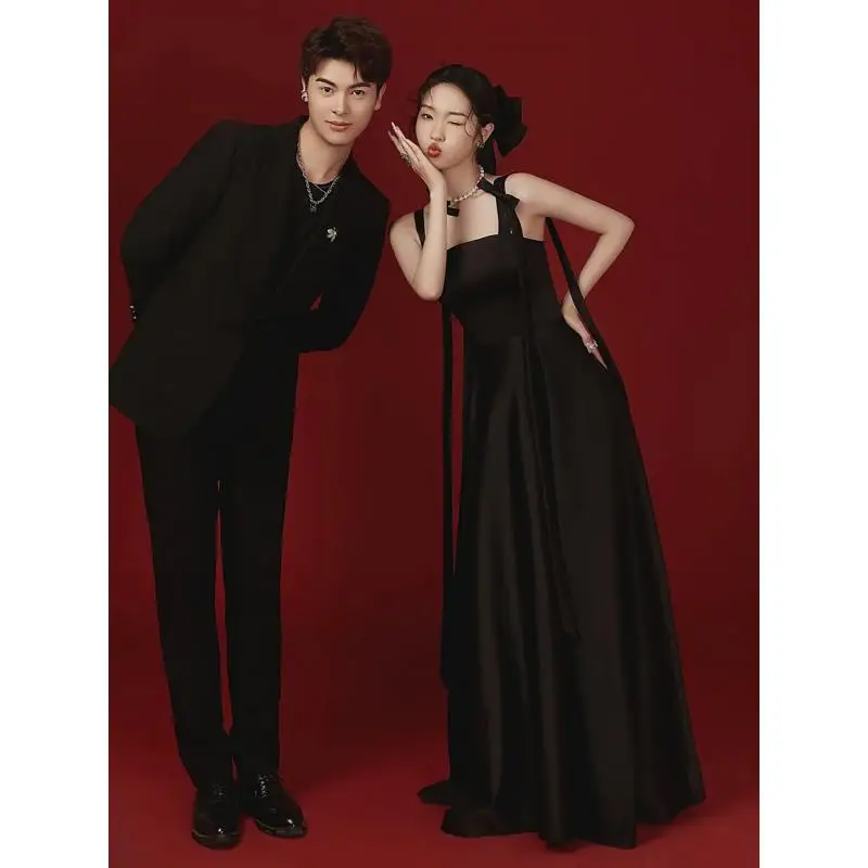 

Light Wedding Dress Black Satin Simple Suspender Strapless A-line Dress Banquet Party High-end Evening Gown Customized