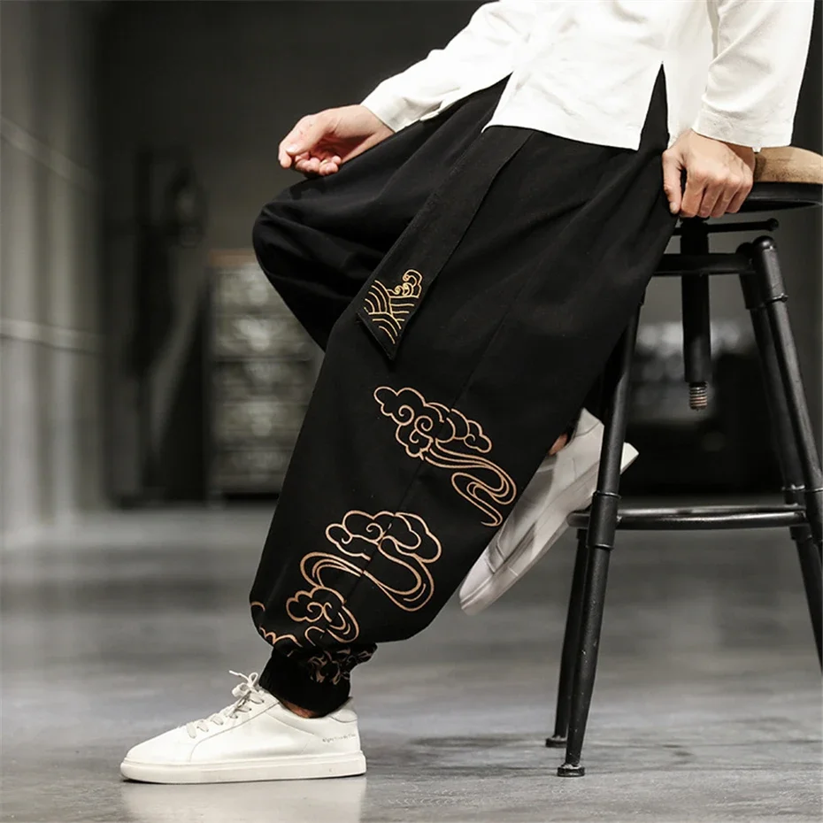 Linen Pants Men Summer Harem Pants Chinese Style Cloud Embroidery Pants Loose Elastic Waist Trousers Male