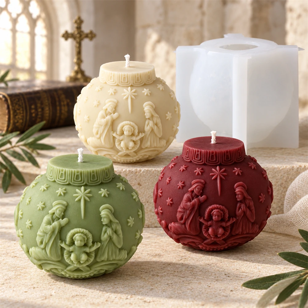 3D Christmas Ball Silicone Candle Mold, Nativity Scene Jesus Family Sphere Mold for DIY Candle Soap Making Holiday Decor Gifts