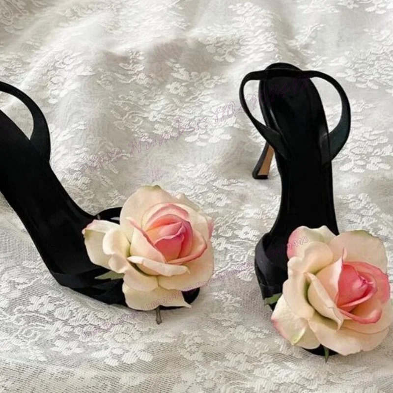 

Black Flower Decor Elegant Sandals Slingback Open Toe Shoes for Women Stilettos High Heels Summer Shoes 2023 Zapatos Para Mujere