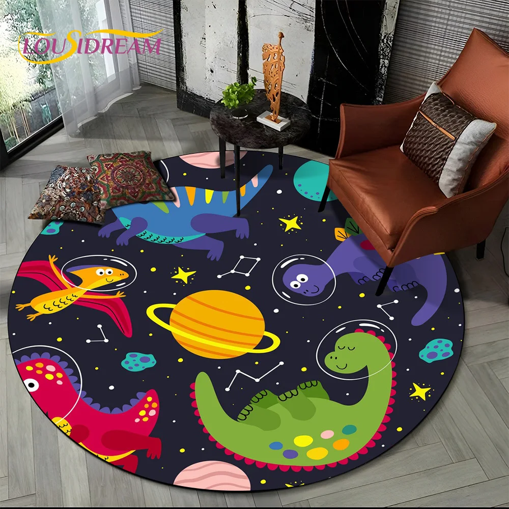 Cartoon Dino Cute Dinosaur Space Children Round Carpet Rug for Living Room Bedroom Chair Decor,Pet Area Rug Non-slip Floor Mat