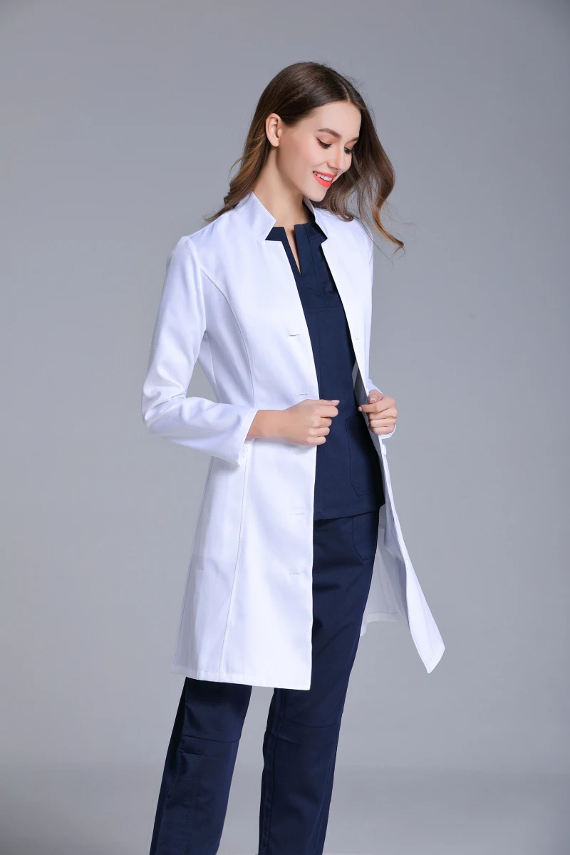 Autunno colletto alla coreana da donna manica lunga antirughe uniforme da laboratorio clinica odontoiatrica Outwear medico vestibilità Slim colore bianco