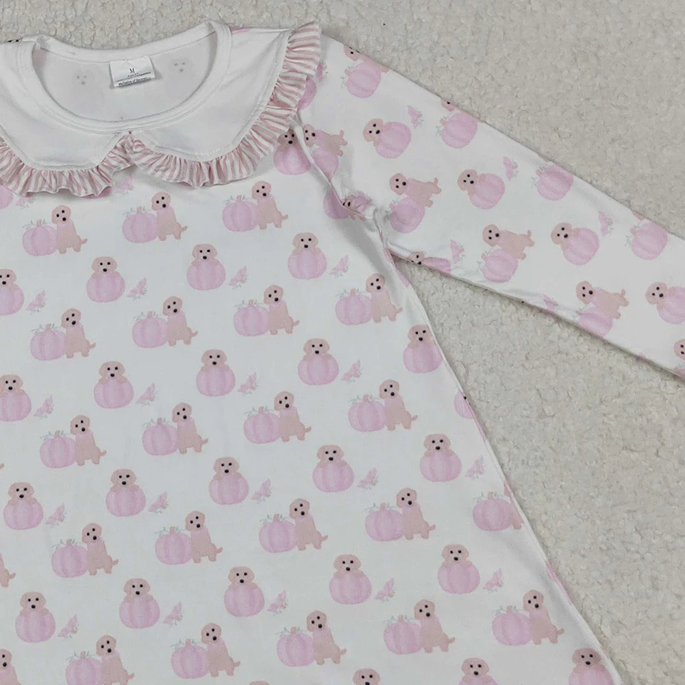 رائجة البيع طفل فتاة فستان ملابس طويلة الأكمام الوردي الكلب القرع طول الركبة الرضع الاطفال ملابس الخريف الشكر ملابس لطيف